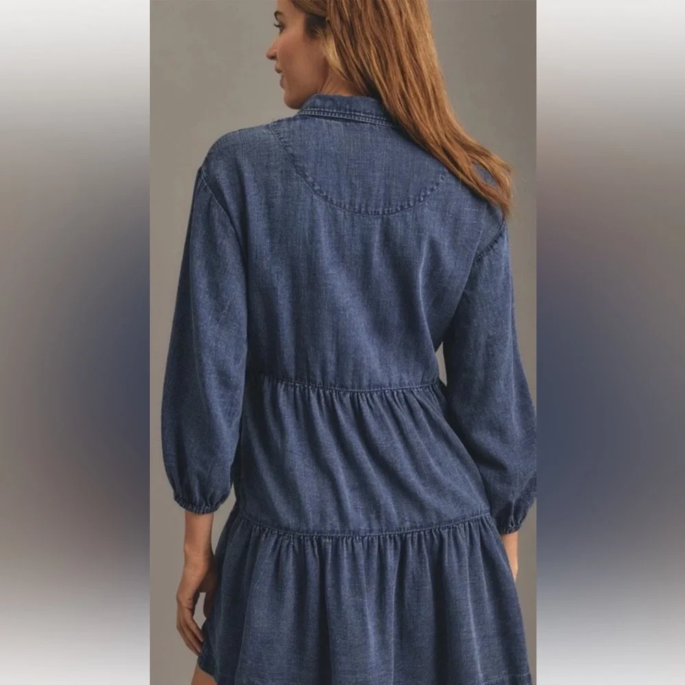 Anthropologie The Bettina Tiered Mini Shirt Dress Denim Button Pockets Blue - Picture 2 of 8